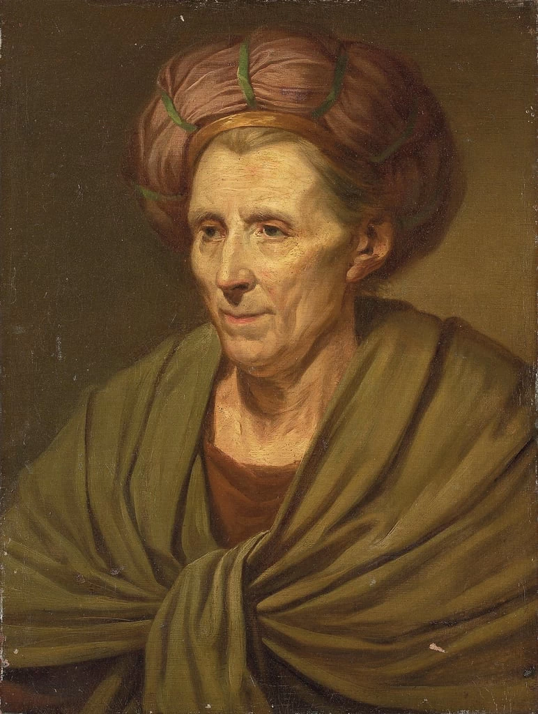 Ritratto di donna, busto, con turbante marrone e scialle verde